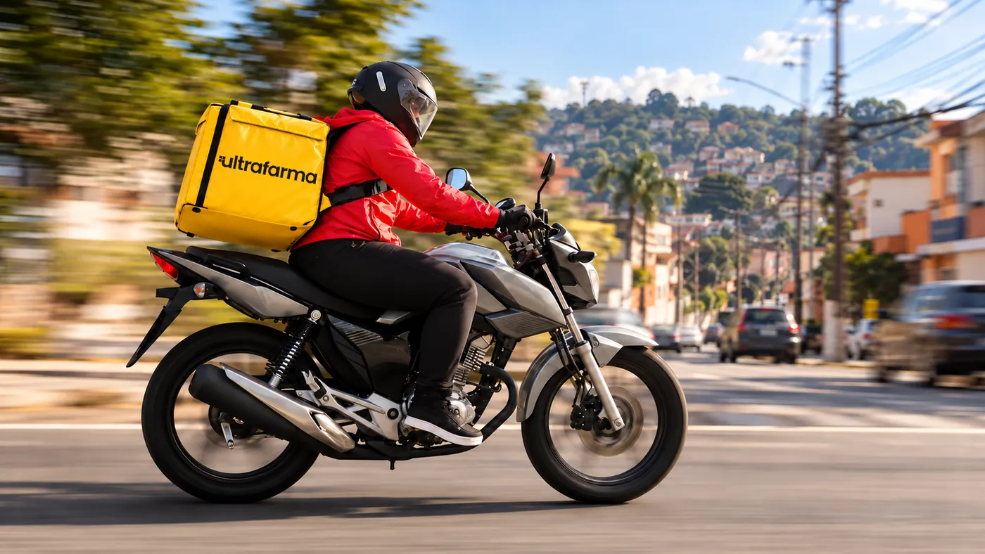 Entregador de moto com bolsa amarela da Ultrafarma